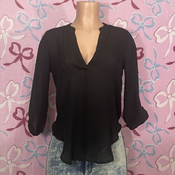 Lush Tops - Lush Women's Size Small Semi Sheer 3/4 half Sleeves Roll Tab V Neck Black Blouse